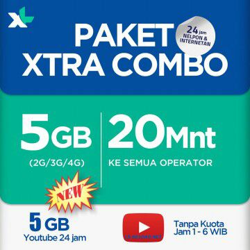 Paket Data XL Xtra Combo - Xtra Combo 10GB All=5GB+5GB Youtube+20Menit AllOp 24Jam 30Hr