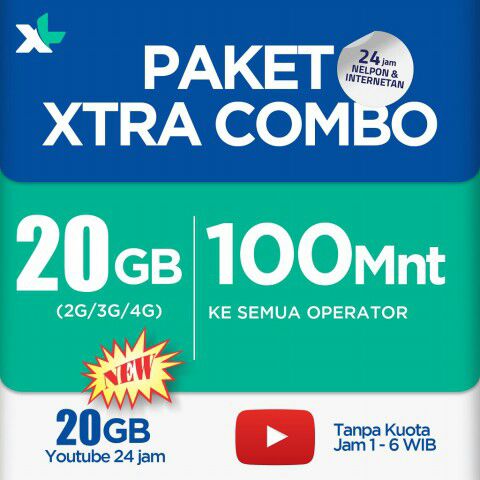Paket Data XL Xtra Combo - Xtra Combo 40GB All=20GB+20GB Youtube+60Menit AllOp 24Jam 30Hr